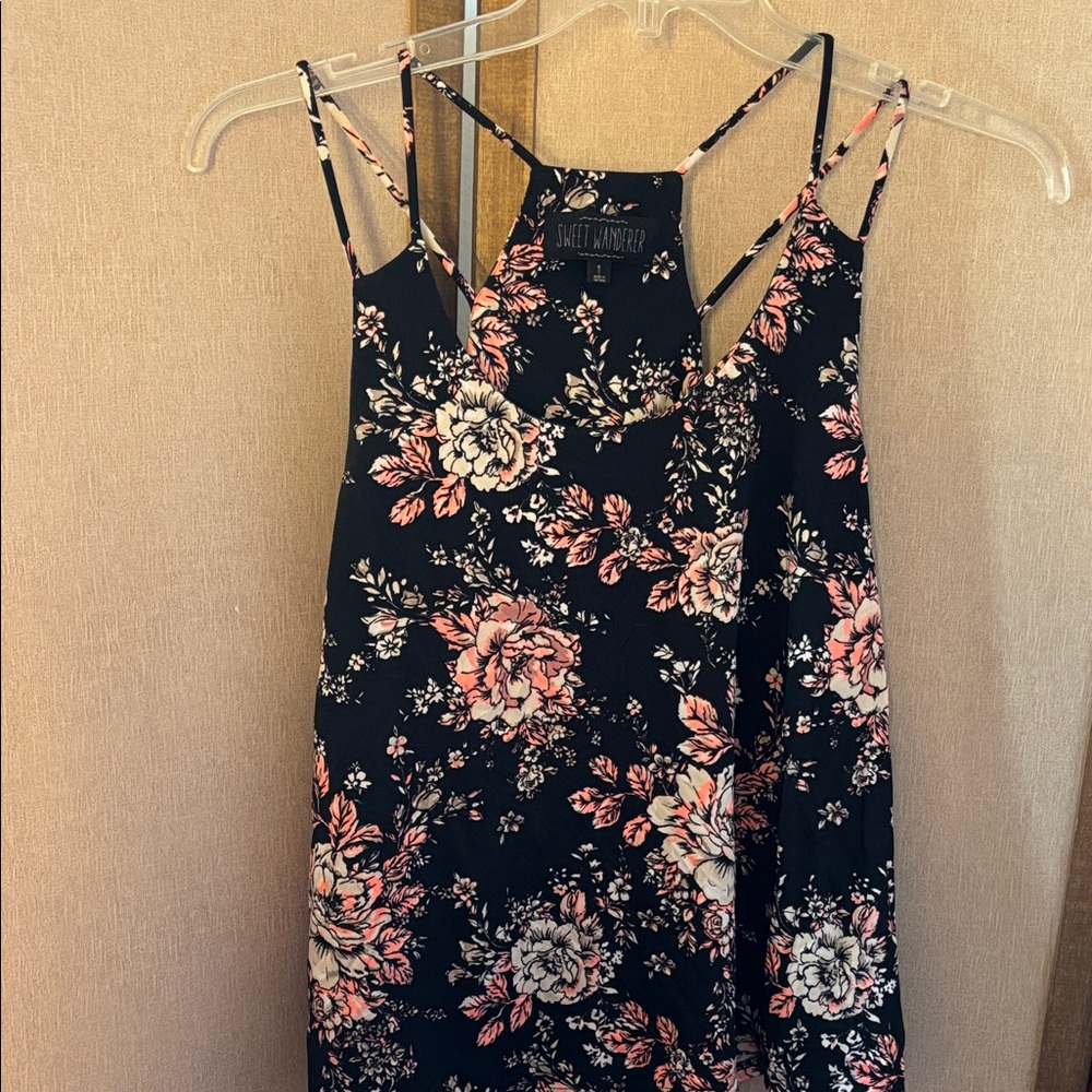 Sweet Wanderer Black top with Pink Floral Design medium